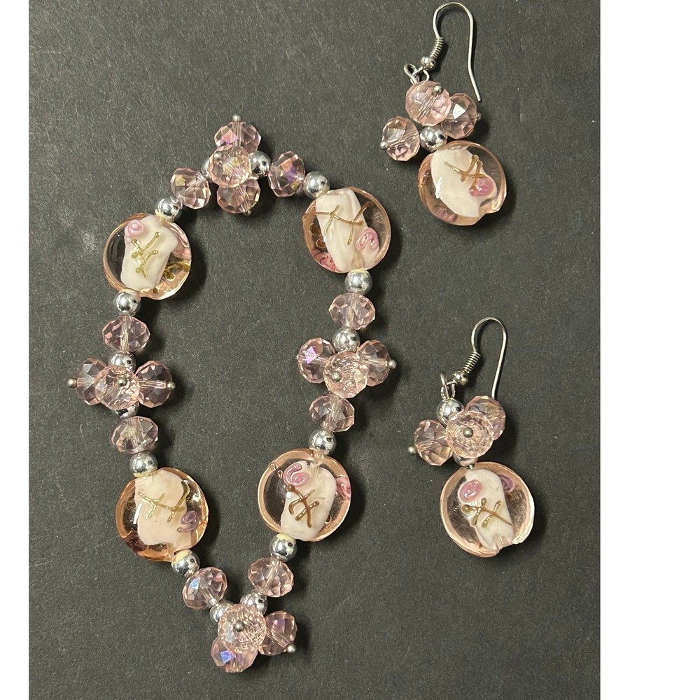 Handcrafted Jewelry‎ Set Womens Pink Excellent Floral Lampwork Glass 3pc Set